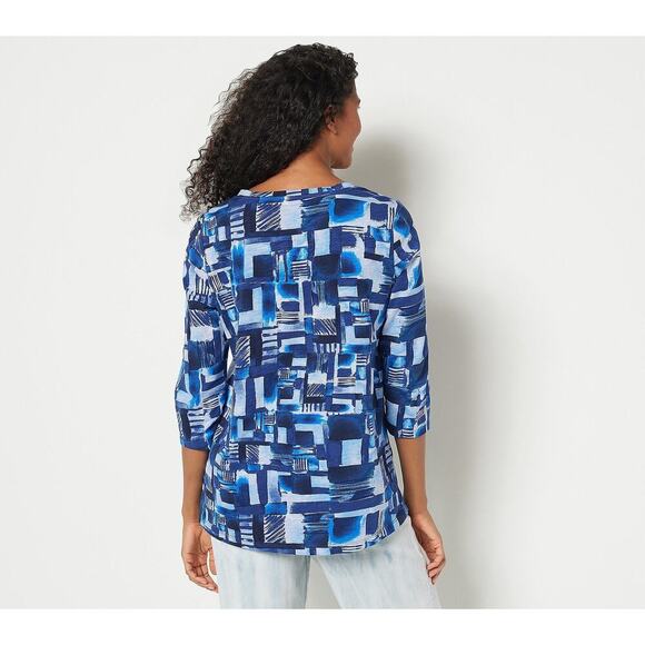 LOGO Lori Goldstein Size Large Printed Cotton Slub 3/4 Sleeve Cardigan Blue - Picture 2 of 5